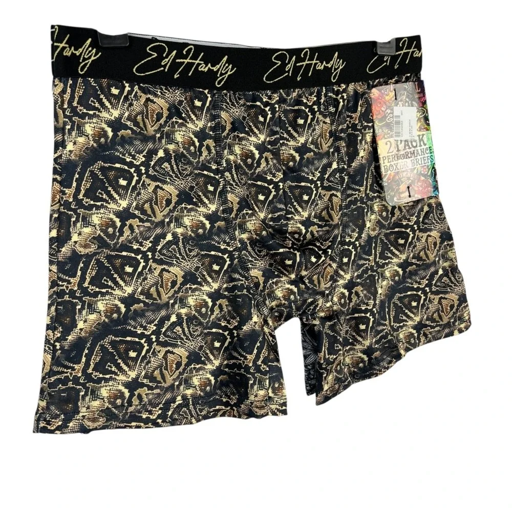 Ed Hardy Men's 2-Pack Brown Black Boxer Briefs Size Large Skull & Snake Skin NWT